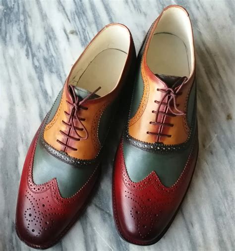 Mens Handmade Multi Color Leather Wing Tip Brogue Lace Up Shoes Men Leather Formal Shoes