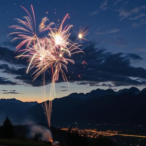 Premium Photo Fireworks In The Sky Above A Town With Mountains In The