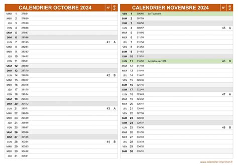 Calendrier Octobre Et Novembre Imprimer