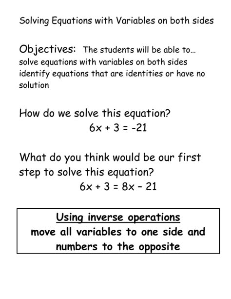 Solving Equations With Variables On Both Sides