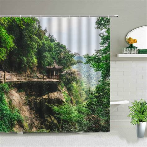 Forest Landscape Shower Curtains Green Tropical Plant Palm Tree Flower