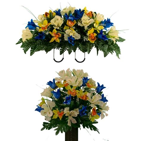 Sympathy Silks Artificial Cemetery Flowers Blue Tulips Yellow Iris