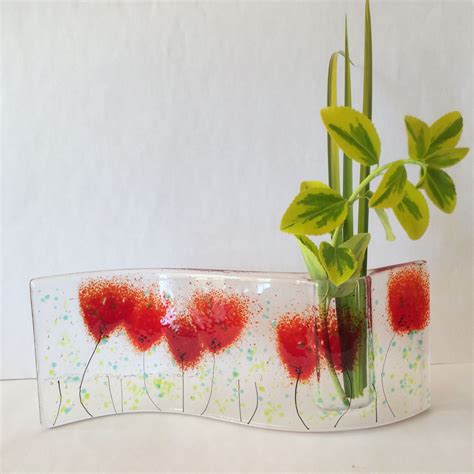 Red Flowers Curved Fused Glass Vase By Fired Creations Carfax Market Horsham Fusedglass