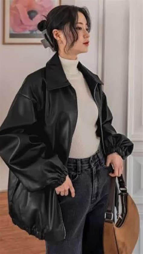 Oversized Black Leather Jacket Jacket Outfit Women Leather Jackets