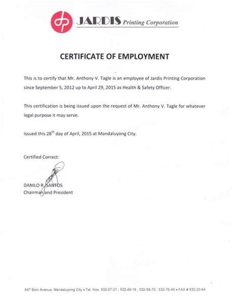 Safety Officer Experience Certificate