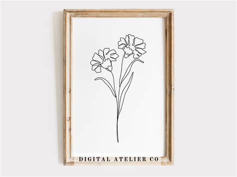 January Birth Flower Carnation Line Drawing Home Decor Flower Line Art ...