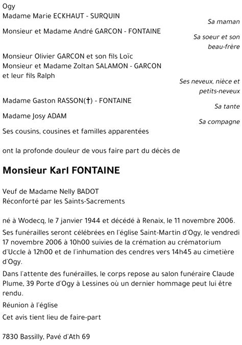 Avis De Décès De Karl Fontaine Décédé Le 11 11 2006 à Ronse Annonce