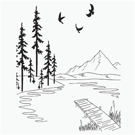 Landscape Line Art Mountain Outline Drawing Simple Sketch Vector