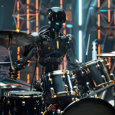 Android Robot Drummer Playing Drums At A Pop Music Concert Stock