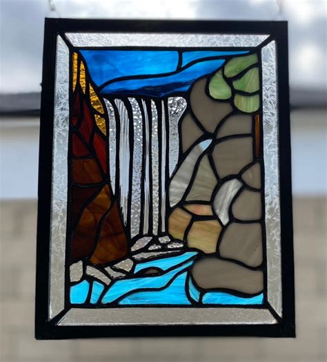 Waterfall Stained Glass Panel 9x11 Zinc Frame Hangers Included Free Shipping Etsy