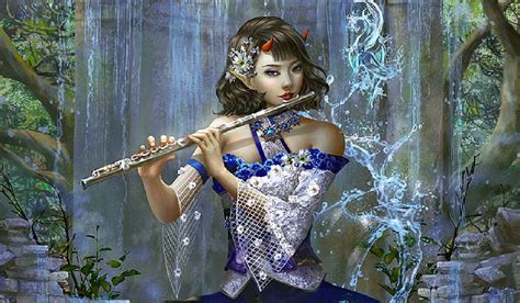 Flute Player Fantasy Girl Musician Flute Digital Woman Blue Art