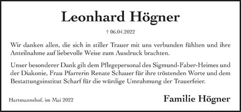 Traueranzeigen Von Leonhard H Gner Gemeinsamtrauern N Land