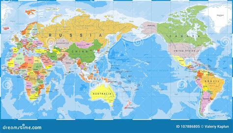 World Map Color Detailed - Asia in Center Stock Illustration ...