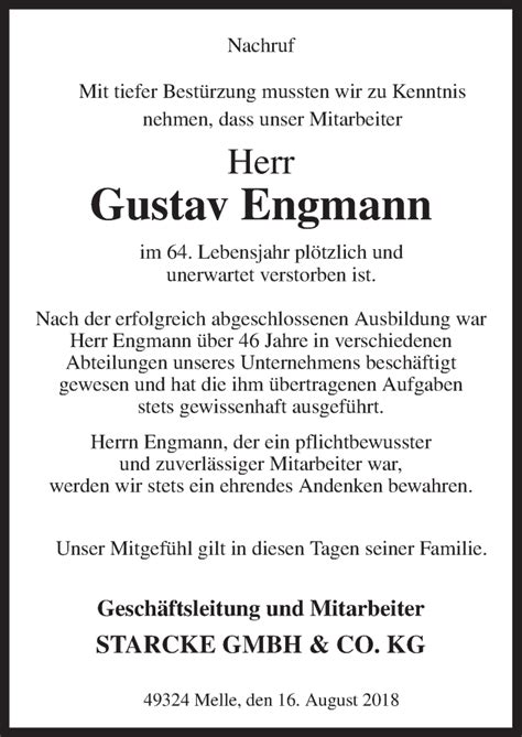 Traueranzeigen Von Gustav Engmann Noz Trauerportal