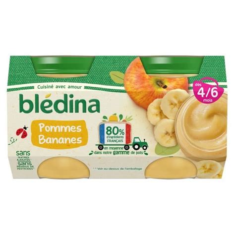 BLEDINA Petits Pots Bébé Dès 4 6 mois Pommes Bananes 4 pots de 130