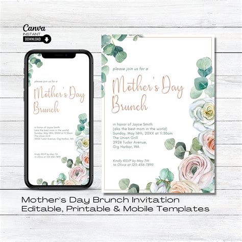 Editable Mothers Day Brunch Invitation Printable Mother S Day Brunch Invite Mobile Mothers Day