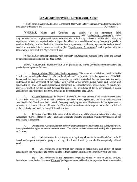 Fillable Online MIAMI UNIVERSITY SIDE LETTER AGREEMENT Fax Email Print