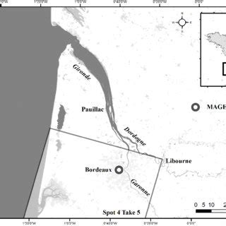 Map of the Gironde estuary showing SPOT4 (Take5) spatial coverage and ...