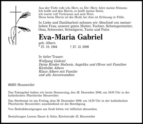 Traueranzeigen Von Eva Maria Gabriel Saarbruecker Zeitungtrauerde