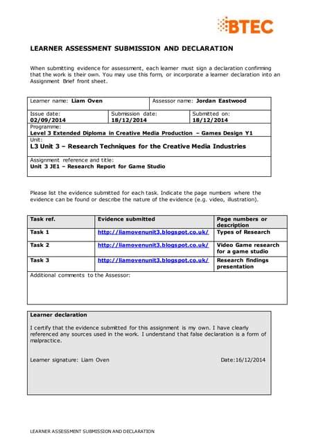 Assessment Submission Declaration