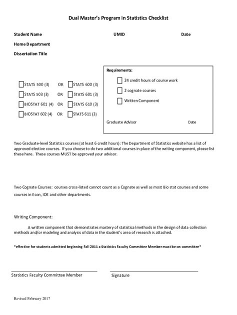 Fillable Online Lsa Umich Dual Masters Program In Statistics Checklist