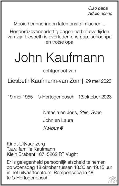 John Kaufmann 13 10 2023 Overlijdensbericht En Condoleances Mensenlinq Nl