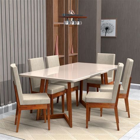 Conjunto Mesa Vidro Pés Madeira Maciça 6 Cadeiras Madeira Dakota