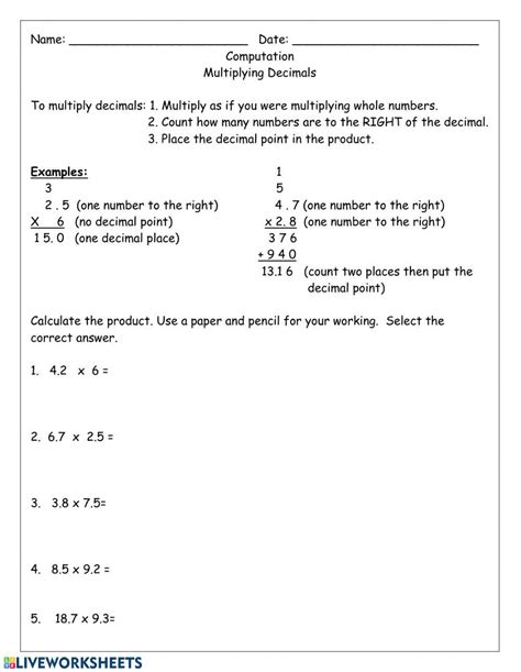 Multiplying Decimals Worksheet Live Worksheets Worksheets Library