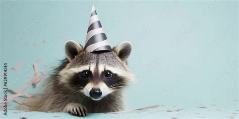 Cute Raccoon Celebrating With Party Hat Created With Generative Ai