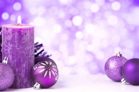 Purple Christmas Scene With Baubles And Candles Stock Photo Sara