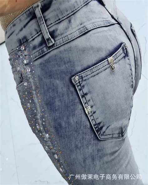 Nova Mulher Luz Azul Est Reo Strass Decora O Jeans Magros Casual