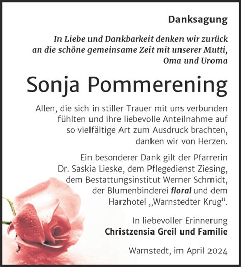 Traueranzeigen Von Sonja Pommerening Abschied Nehmen De