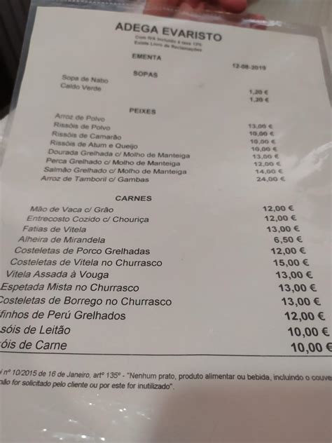 Menu Em Adega Evaristo Restaurante Aveiro