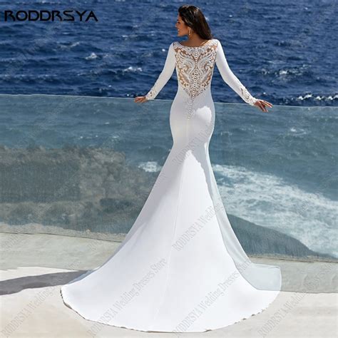 RODDRSYA Mermaid Satin Wedding Dress Appliques Lace Illusion Back