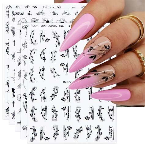 JMEOWIO Nagelsticker Frühlings Blume Schwarz Weiß 9 Blatt Nail Art