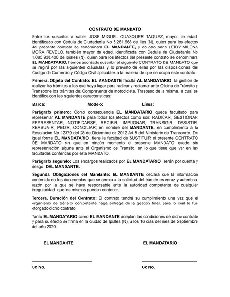 Contrato De Mandato Para Asuntos De Transito Contrato De Mandato Free