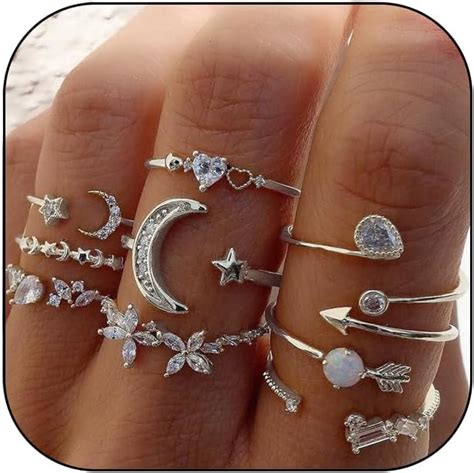 Amazon CSIYANJRY99 Boho Dainty Silver Star Moon Flower Stackable