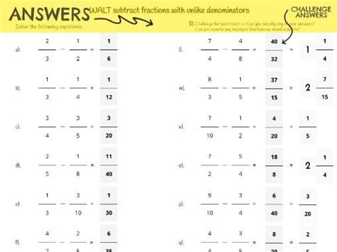 Subtracting Fractions With Unlike Denominators Teaching Resources