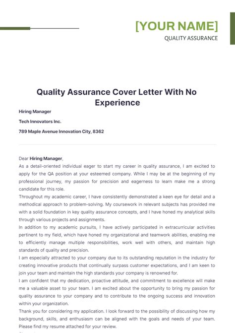 Free Quality Assurance Cover Letter With No Experience Template To Edit