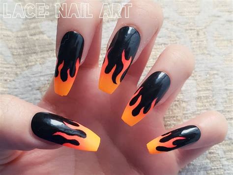 Hot Fire Flames False Nails Bright Gradient And Black Flame Etsy Fire