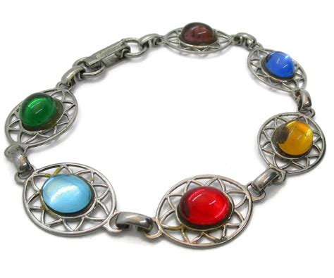 Vintage Bracelet Colourful Glass Cabochon Link Bracelet Etsy Uk