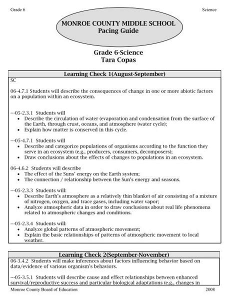 Sixth Grade Science Pacing Guide Monroe County Schools