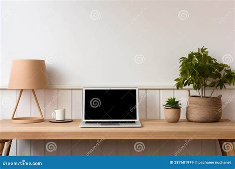 Laptop Computer On Wooden Desk Generative Ai Stock Illustration