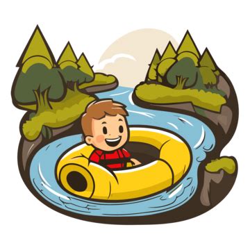 River Tubing Sticker Clipart Inflate Character And Boy Boating On The