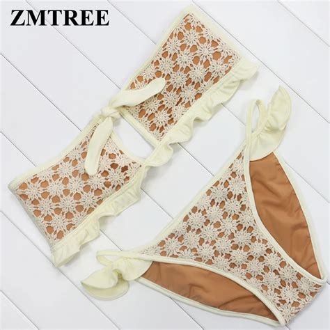 Zmtree Lace Bikini Bandeau Swimwear Women Ruffled Swimsuit Bowknot