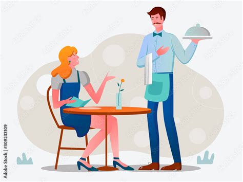 Customer And Waiter In Cafe Vector Illustration Male And Female