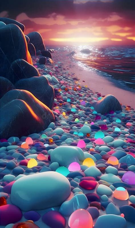 A Beach With Many Colored Stones Glowing At Sunset Generative Ai Stock