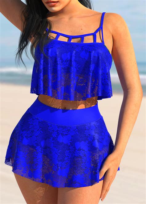 High Waisted Hollow Out Royal Blue Lace Bikini Set Rosewe USD