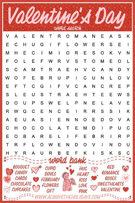 Free Valentines Day Word Search Printable Answer Key Included