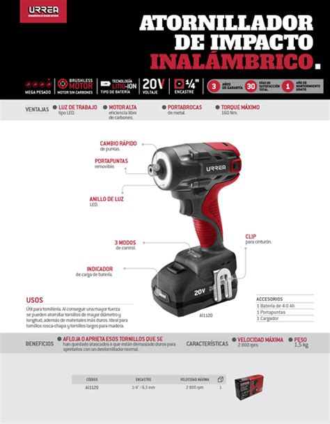 Atornillador de impacto 1 4 a batería Litio ion 20 V 160 Nm Urrea